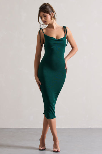 Irina Bottle Green Cowl-Neck Bodycon Midi Dress
